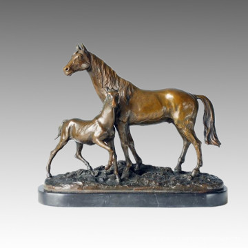 Sculpture en bronze animal Mère-fils Statue en laiton à cheval Tpal-152